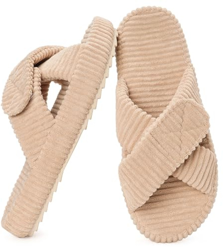 Mujer Zapatillas Cómoda Espuma de Memoria Pana Banda Cruzada Antideslizante Pantuflas Casa,Caqui,41/42 EU,Etiqueta 42-43