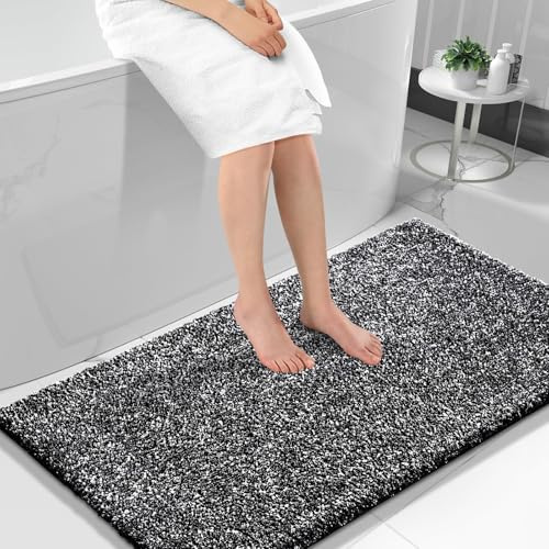 Yimobra Rutschfester Badezimmerteppich Extra weich und bequem Wasserabsorbierende, Dicke und maschinenwaschbare Badematte Flauschig für Dusche und Badewanne, Schwarz & Weiß, 120 x 61 cm