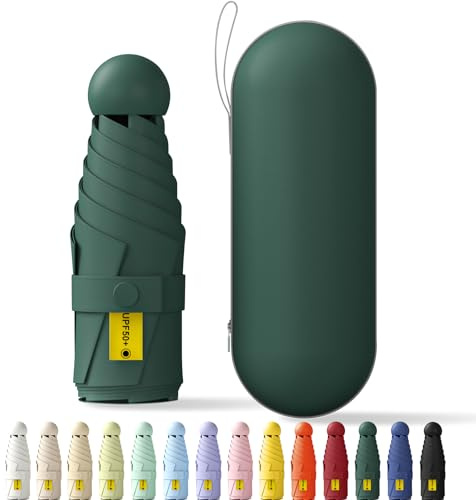 Betrynidil Paraguas Plegable Ultra Compacto y Portátil para Viaje, Protección UV 99% e Impermeable para Hombres y Mujeres Con caja de almacenamiento (Verde oscuro)