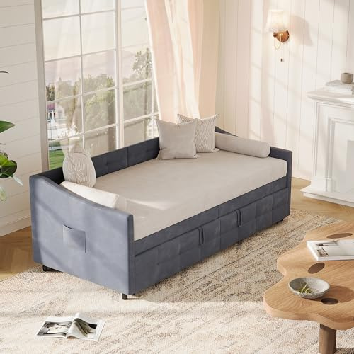 MOTUZP Sofá cama convertible, extensible, sofá cama 90/180 x 200 cm, diseño ahorra espacio con somier de láminas, cama individual o doble, terciopelo gris
