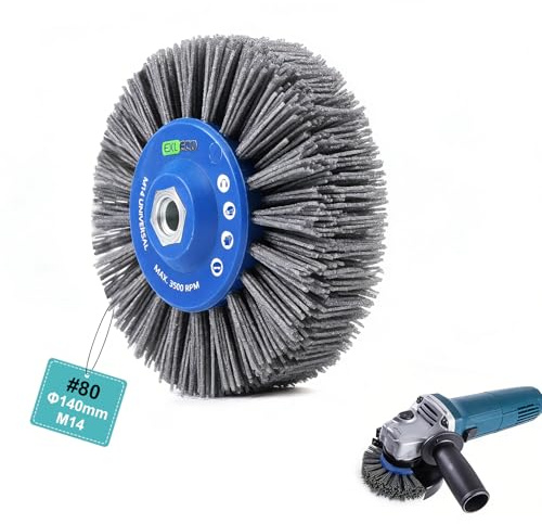 EXLECO M14 Grain #80 Brosse Ronde en Nylon Abrasive pour Meuleuse D'angle ø140mm, Epaisseur de Fil 1,2mm, Brosse Structurante Dérouillage, Roue de Tréfilage de Polissage pour Machine de Satinage Bros