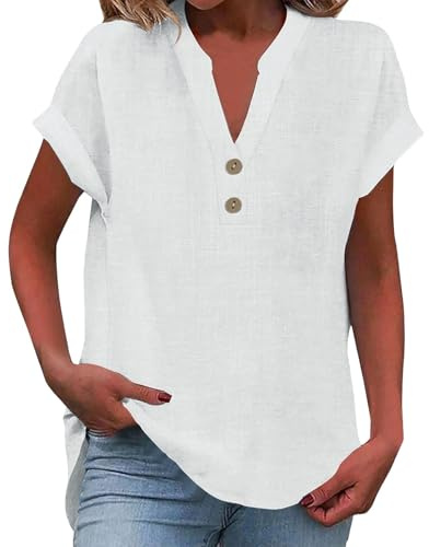 BAUENIEROY gym tops for women uk, Ladies Tops 2026 Women's Summer Cotton Linen Cap Sleeve T-Shirt Button V Neck Tunic Top Fashion Baggy Solid Plain Casual Shirts Trendy Blouse