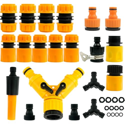 20 PCS Garden Hose Connector Set, Hose Nozzle Quick & Repair Connectors Y-Hose Splitter Male Threaded Adapter Male&Female Connector 2-Way Hose Connector Hose Waterstop Accessory (Orange)