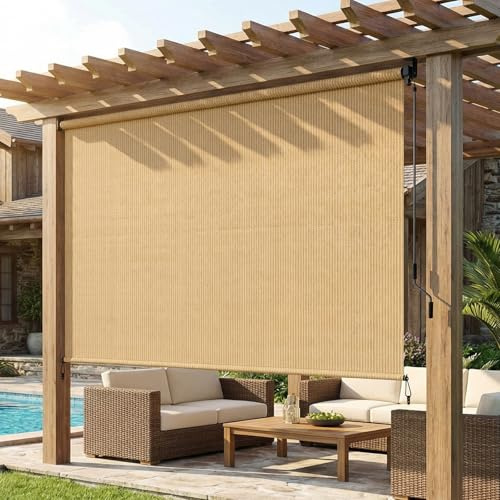LIFERUN Senkrechtmarkise 240x240 cm, HDPE-Schattentuch für Terrassenpergola | Vertikalmarkise, Balkonmarkise, Aluminiumrohr mit kabelloser Kurbelbedienung, für Balkon, errasse, Garten, Khaki, 1 PCS