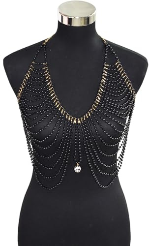 Damen geschichtete schwarze Imitationsperlen Perlen Neckholder Körperkette für Festival Partys Dark Series Imitation Perle BH Kette