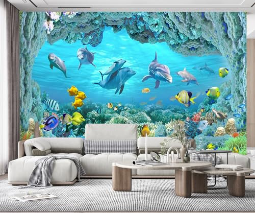 Fototapete Kinderzimmer Tapete Unterwasserwelt Kinderzimmer Delphin Tapeten 3D Effekt Vliestapete Wandbilder Schlafzimmer Wanddeko Wohnzimmer