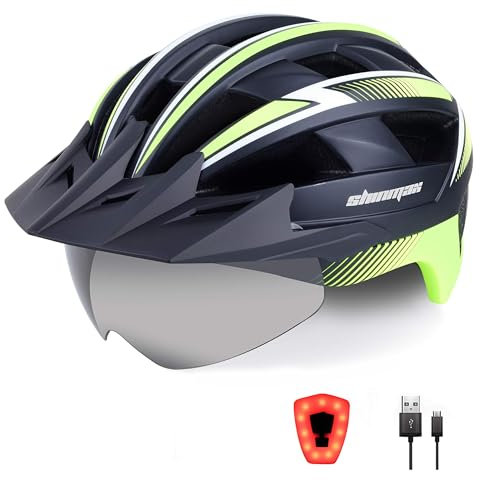 Shinmax Fahrradhelm für Herren Damen MTB Fahrradhelm mit LED USB Rücklicht Radhelm mit Visier Magnetischem Abnehmbarem Schutzbrille Mountainbike Helm Fahrradhelme Einstellbarer 57-62 cm