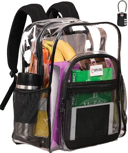 SHYLERO Clear Backpack Heavy Duty has TSA Lock, 2-WAY Zipper. PVC Transparent Backpack X-Large - H18''xW14''xD8 - Black