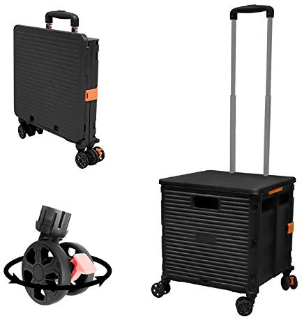 FELICON SELORSS Foldable Utility Cart Folding Portable Rolling Crate Handcart with Durable Heavy Duty Plastic Telescoping Handle Collapsible 4 Rotate Wheels for Travel Shop Move Luggage Office(Black)