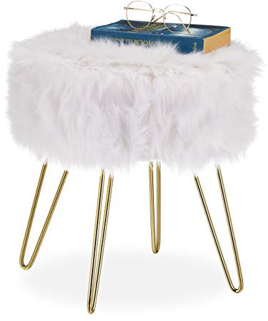 Relaxdays Pall, fuskpäls, metallram, rund, fluffig, elegant sminkpall H x D 40 x 38 cm, vit/guld