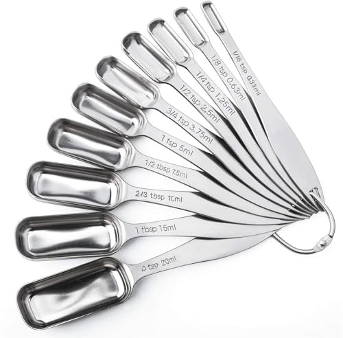 FANGSUN Narrow Measuring Spoons Set of 10, Heavy-Duty Stainless Steel Measuring Spoons with Long Handles & Engraved Measurements, Fits in Spice Jars, for Baking & Cooking