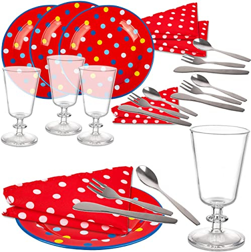 alles-meine.de GmbH 24 TLG. Set Puppengeschirr/Teeservice & Kaffeeservice + Besteck - Bunte Punkte - Geschirr aus Blech - Metall - Blechgeschirr - Kinderküche - Spielzeug Pic..