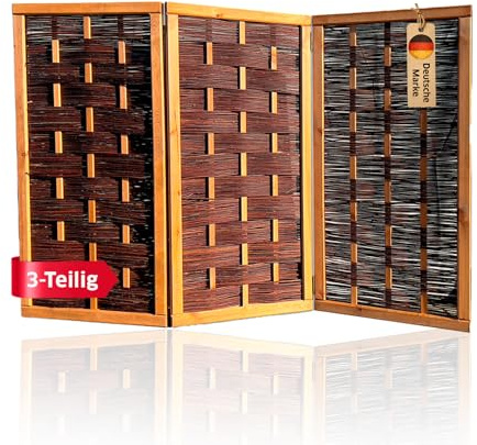 NOOR Weiden Paravent Deluxe - klappbarer Sichtschutz 3-teilig 150 x 180 cm | Geflochtene Trennwand mit Kiefernholzrahmen - natürlicher, wetterfester Sicht- & Windschutz für Garten, Terrasse & Balkon