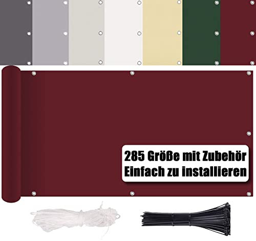 Balkon sichtschutz Ohne Bohren, Wind- und UV-Schutz, 260g/m², Mit Montagezubehör, 100% Polyester, Balkonverkleidung Balkonumrandung Balkonbespannung für Balkongeländer, Terrasse & Garten - Rotwein