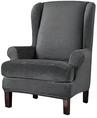 Lukery Ohrensessel Bezug Samt, Feste Farbe Ohrensessel Überzug 2 Teilig Stretch Ohrensessel Überwurf mit Armlehnen Husse für Ohrensessel Sesselbezug Elastisch Sesselschoner (One Size,Dunkelgrau)