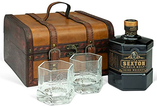 Irish Whiskey 'The Sexton' Single Malt Whisky (0,7 l) avec 2 verres à whisky originaux 'The Sexton' dans une caisse en bois de style antique
