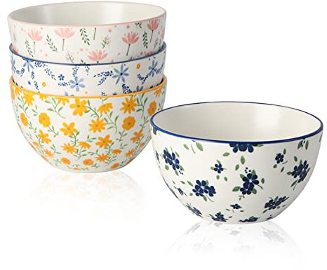 Cuencos Desayuno Cereales Bol Ceramica - Juego de 4 Tazones Desayuno Porcelana - Boles Postre Colores con Motivos Florales - 350 ml Cuenco Pequeño para Sopa | Aperitivos | Helados | Arroz - 11,5 cm