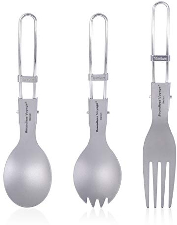 iBasingo Titan Camping Faltbesteck‑Set 3‑teilig Ti1026T | faltbarer Göffel, faltbarer Löffel & faltbare Gabel Set Kleine Leichte Camping Besteck mit Tasche für Outdoor Wandern Reisen