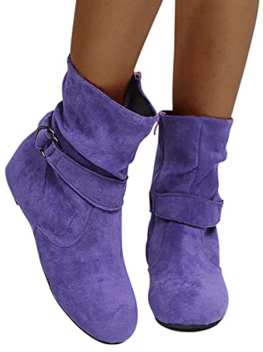 Minetom Warme Winterschuhe Damen Wildleder Retro Halbhoch Stiefeletten Einfarbig Runde Flache Stiefel Kurzstiefel Winterboots Reißverschluss Schlupfstiefel Damenschuhe