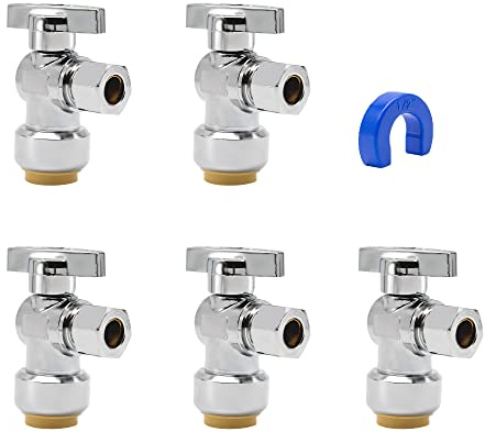 PURAGEIR Angle Stop Valve 5 Pack,1/2 Ptc X 3/8 Compression Water Shut Off Valve,1/2 Inch Pushfit X 3/8 Inch OD Compression Angle Shut Off Valve with Disconnect Clip,Pex, Copper,Cpvc,PE-RT,Brass