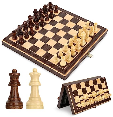 Peradix Scacchiera Magnetica in Legno con 2 Regine, Scacchiere da Viaggio Fatti a Mano, Set Scacchi Professionale Portatile Pieghevole Gioco, Migliori Regali per Bambini e Adulti