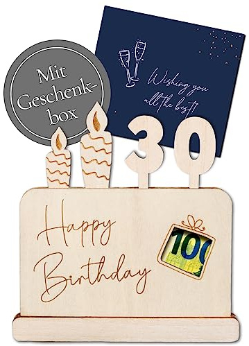 Joli Coon Geldgeschenk 30 Geburtstag, Geldgeschenke zum 30 Geburtstag | Mehrschichtig verklebtes Holz, Platz für bis zu 3 gefaltete Geldscheine, blaue Geschenkbox, präzise Gravur