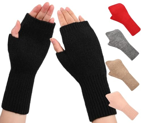QICEDER Gants Sans Doigts Chauffe-poignets en Cachemire Gants Thermiques avec Trou pour le Pouce,Demi Doigt Femme Gants Chauffants Extensible Gants Tricotés Gants Chauds d'Hiver pour Femmes (noir)