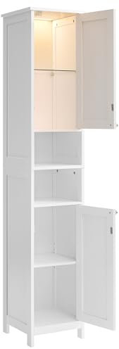 VASAGLE Armario de Baño Alto con Iluminación, Armario de Almacenaje Delgado, con Estantes Ajustables, Compartimentos Abiertos, para Espacios Pequeños, Moderno, Blanco Nube BBC566W03