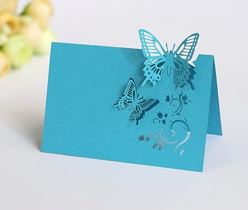 Tischkarten Namenskarten 50 Stück Laser Schnitt 3D Schmetterlinge Platzkarten Blanko Namenskarten Hohle Sitznummernkarten für Hochzeit Geburtstag Kommunion Präsentationen DIY Tischdeko -Himmelblau