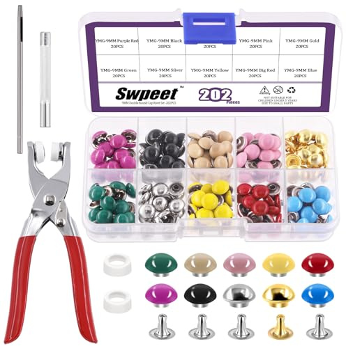 Swpeet 405 remaches de cuero de doble tapa redonda de 9 mm con herramientas de fijación, remaches de metal de doble tapa, remaches de cuero, cinturón de manualidades, ideal para manualidades,