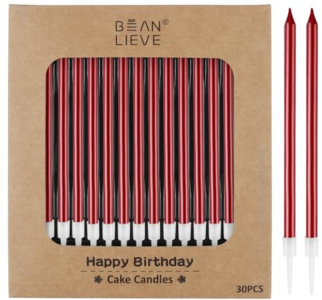 BEAN LIEVE 30 Stück lange dünne metallische Geburtstagskerzen, Kuchenkerzen, Geburtstagsfeier, Hochzeitsdekorationen, Partykerzen, Kuchendekorationen (rote)