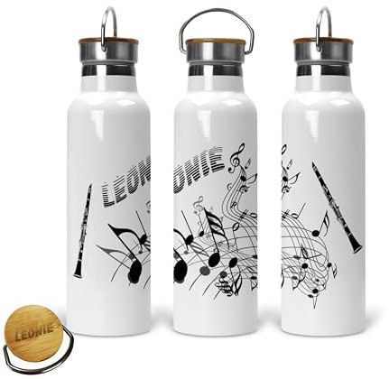 Personalisierte Edelstahl Thermosflasche Klarinette und graviertem Bambusdeckel - Trinkflasche mit Namen für Musiker als Geschenk - auslaufsicher - 500 ml oder 750 ml - für heiße und kalte Getränke