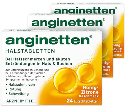 anginetten Halstabletten zuckerfrei | Honig-Zitrone | 3 x 24 Stk | Zur unterstützenden Behandlung bei Entzündungen der Rachenschleimhaut, desinfiziert Mund & Rachen, ab 6 Jahren