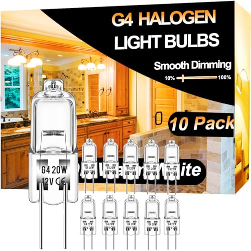 Vannise Halogen 20 Watt 12 Volt Light Bulbs 2 Pin G4 Base-10 Pack Long Lasting G4 Halogen Bulb 20w, High Output G4 Bulb Dimmable with G 4 Bi-Pin Base, G 4 Warm White for Under Cabinet Puck Light