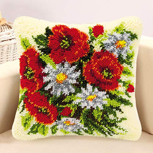 Taxpy Knüpfteppich Zum Selber Knüpf-Sets mit Kissen knüpfen-Set 43x43cm Kissenbezug-Set für Erwachsene und Kinder Latch Hook Kit Heimaccessoire(Blühende Blumen,I)