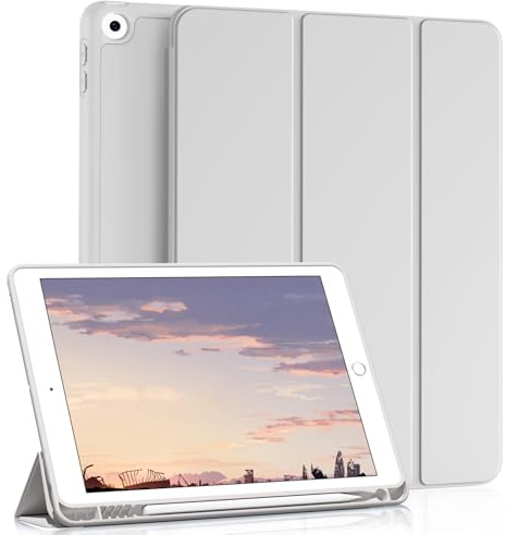 MUDROCK Hülle für iPad 9. 8. 7. Generation 2021 2020 2019, Grau | Schutzhülle mit Stifthalter für iPad 10,2 Zoll 9/8/7 Gen, Weiche Silikon-Hülle, Automatischer Schlaf/Aufwachen