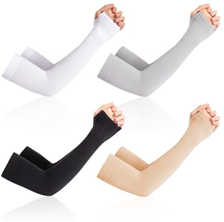 Lot de 4 paires de manches de protection solaire, doigts avec crochet, protection solaire d'été, manches longues, unisexe, blanc, taille unique