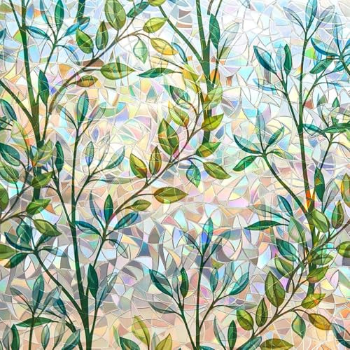 Finnez Window Privacy Film Stained Glass, Static Cling, Leaf 11.8″ x 78.7″