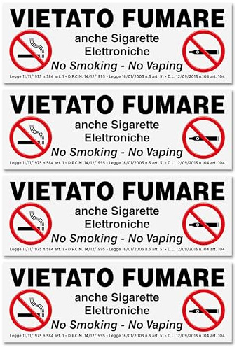 4 Adesivi VIETATO FUMARE formato cm 15x5 | No Smoking - No Vaping | Divieto di Fumo anche Sigarette Elettroniche | Con Normativa | Per Interno ed Esterno | 4 pz