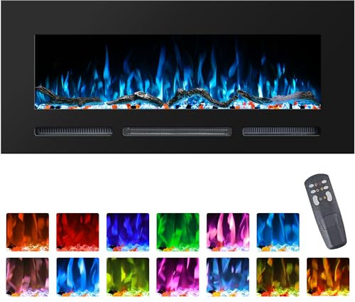Rodalflame 127cm/50 Elektrokamin für Wandmontage und Einbau mit Fernbedienung, einstellbare Helligkeit, 13 Flammenfarben mit Scheitholz und Kristall, 9 Stunden Timer