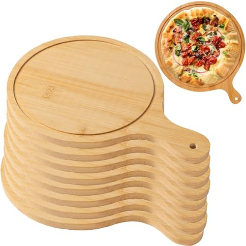 Set di 8 vassoi per pizza in legno, leggeri con manici per servire e riporre facilmente pizze fino a 33 cm, colore marrone chiaro, dimensioni 22,9 cm