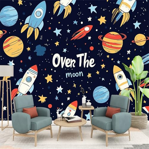 Fotomurales Papel pintado Lindo Planeta Cohete Espacial tejido no tejido papel pintado Azul papel pintado mural Decoración de Pared decorativos 250 x 175 cm