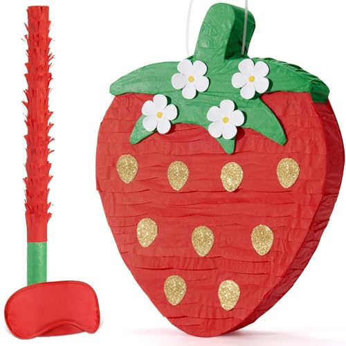 WERNNSAI Erdbeer-Pinata - Frucht-Piñata mit Augenbinde und Stab für Erdbeer-Geburtstagsparty-Dekoration, Sweer-Party, Babyparty, Feier-Zubehör