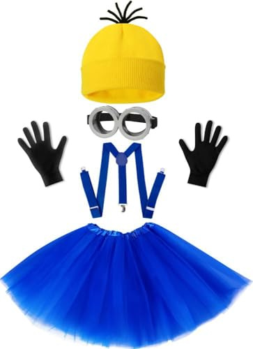 IDOTTA 5Pcs Yellow Halloween Costume Accessories Set for Adult Women Goggles Glasses Yellow Beanie Hats Gloves Blue Tutu Skirt Suspenders Cosplay Party Set