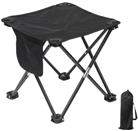 Sgabello da Campeggio con Tasche Laterali 33CM, Sgabello Pieghevole Portatile con Borsa di Stoccaggio, Poggiapiedi per Esterni per Viaggi, Escursioni, Giardino, Pesca, Barbecue, Spiaggia (Nero)