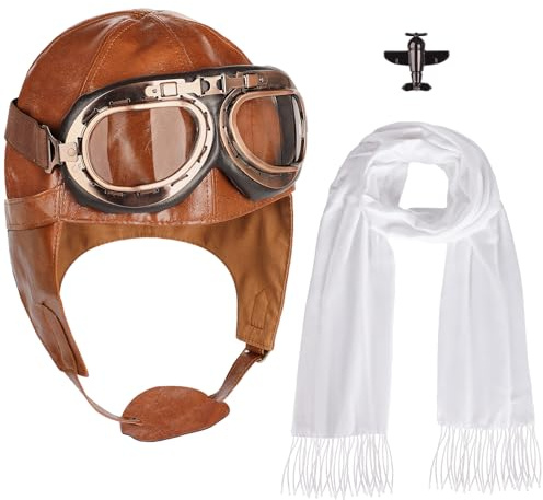 Acekar Aviator Hat,4Pcs Aviator Costume Accessories With Goggles White Scarf Brooch,Pilot Cap for Adults Halloween Party
