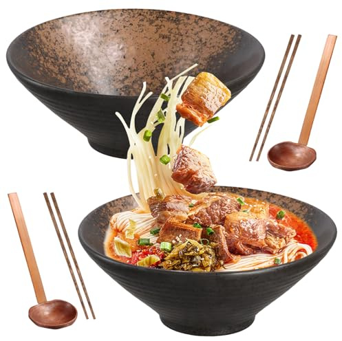 Mapille 2 set japansk Ramenskål, 2 x 1 000 ml keramisk ramskål med ätpinnar och sked, salladsskålar, nudlar soppskålar för frukt, grönsaker, nudlar, flingor, soppa (C)