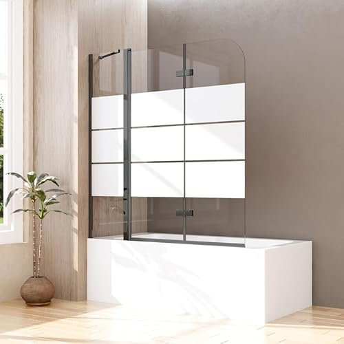 Duschwand für Badewanne 3-teilig 160x140cm Schwarz Faltbar Duschtrennwand, Gestreift Glas Badewannenaufsatz mit festem segment mit 6mm EGS sicherheitsglas, Falttür Streifenmuster Badewannenwand