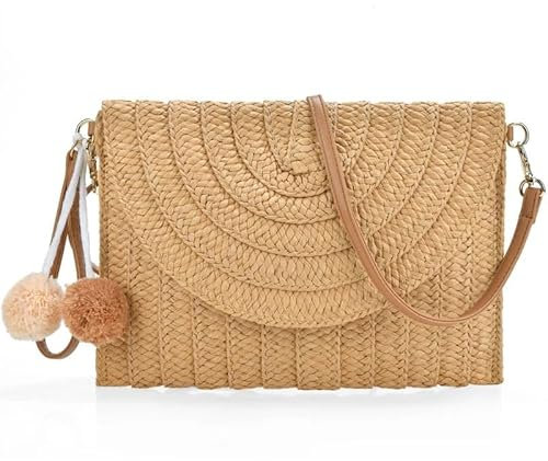 ZSREYFNB Strohtasche Sommer-Strand-Clutch aus Stroh, süße Umhängetasche mit Kugelanhänger for Frauen, Reise-Umhängetaschen, Geldbörse, lässige Korbhandtaschen Runde Strohtasche(Khaki)