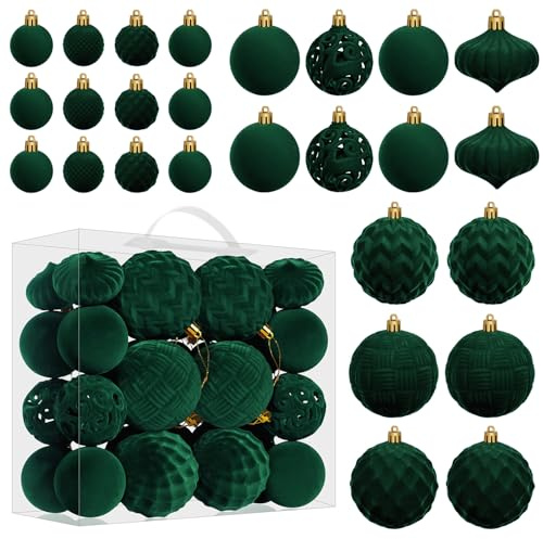 Miaikoe Velvet Christmas Ball Ornaments Set - 46 PC Plastique Boules d'arbre de Noël Tailles Assorties pour la décoration de la Maison de Vacances d'hiver (Vert foncé)